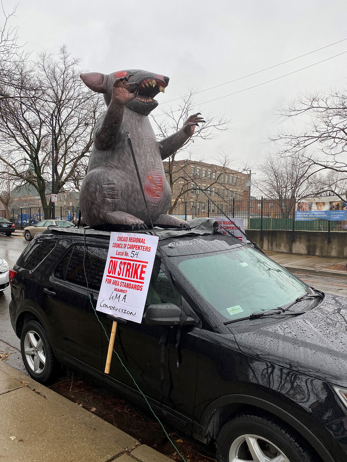 Inflatable Scabby the rat on top of SUV